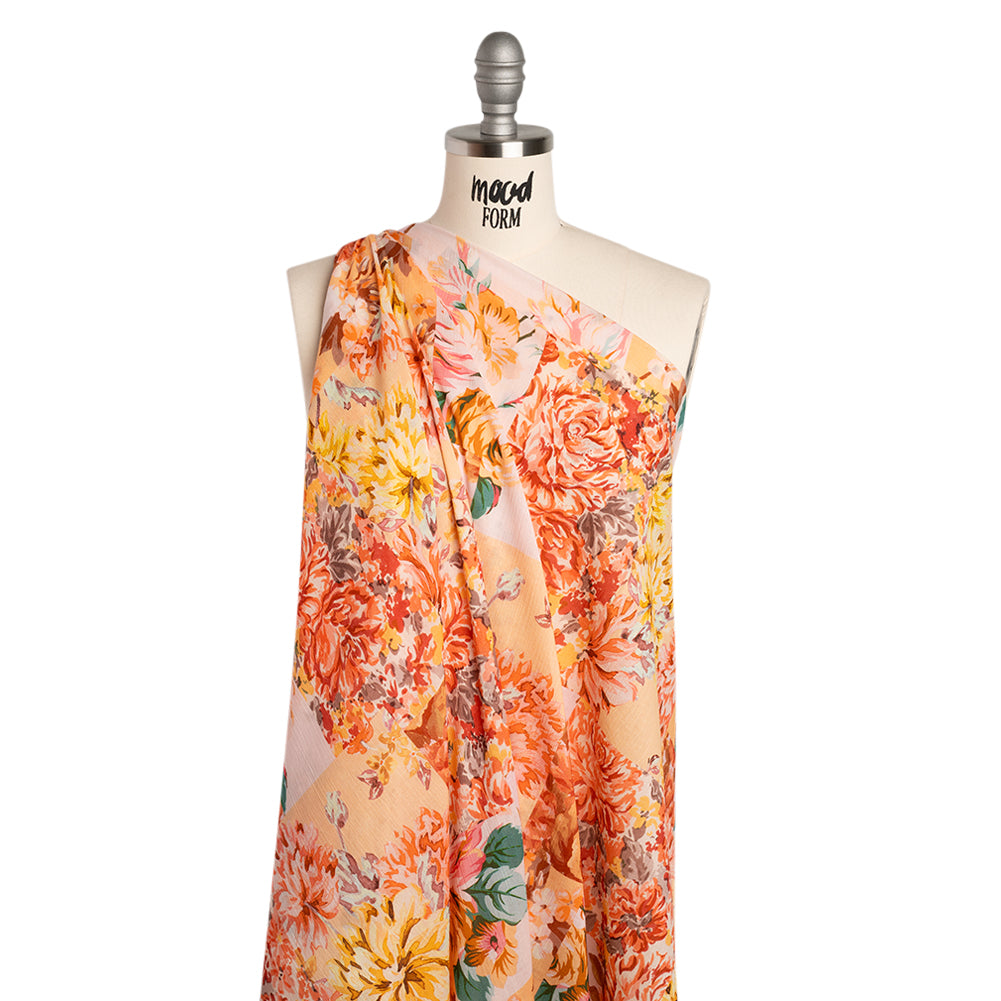 Crinkled Cotton Gauzy Woven - Orange, Peach and Sunny Yellow FLoral Patchwork - Mood Exclusive Sunset Sonata Print - Drape