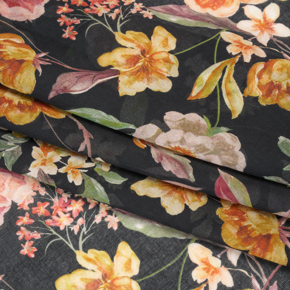 Cotton Voile - Black, Pink and Yellow Floral - Mood Exclusive Nocturne Garden Print - Folded