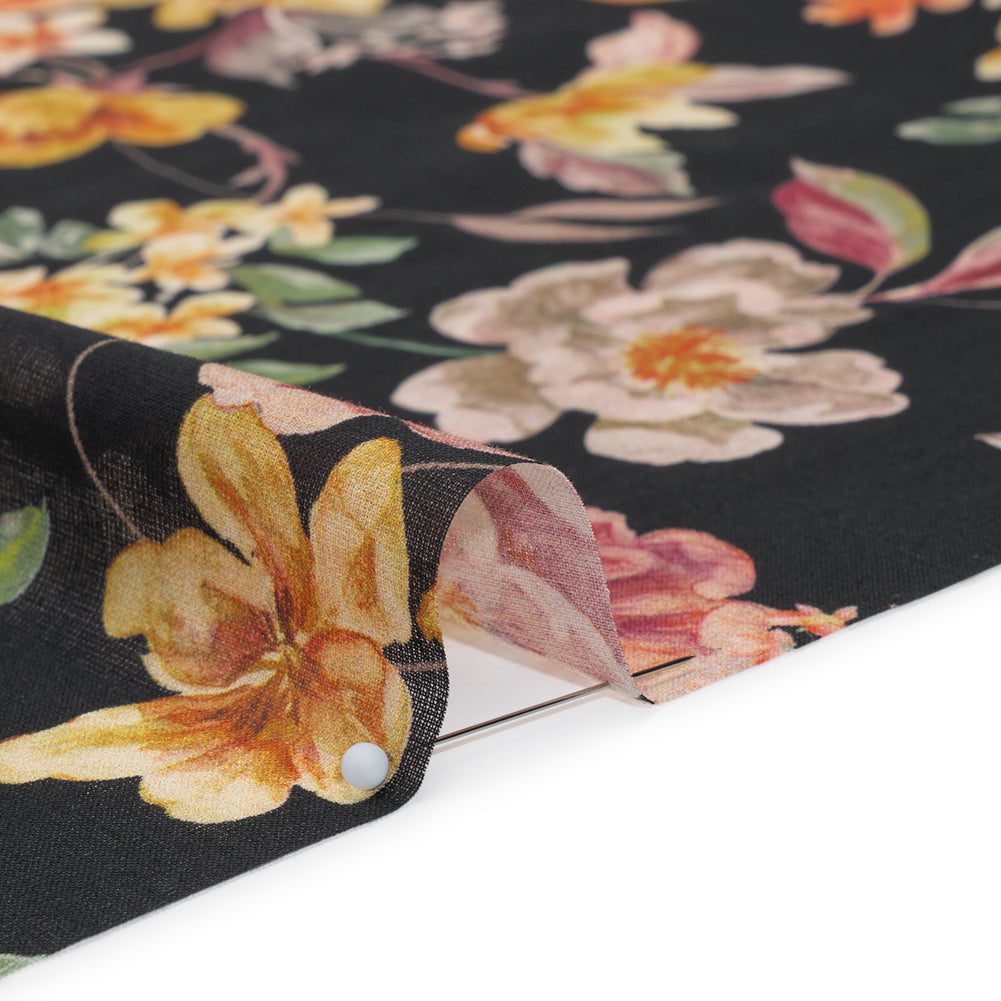 Cotton Voile - Black, Pink and Yellow Floral - Mood Exclusive Nocturne Garden Print - Detail