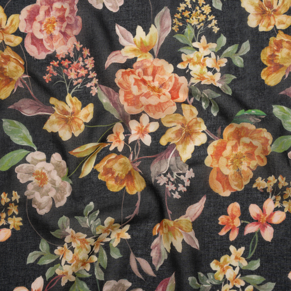 Cotton Voile - Black, Pink and Yellow Floral - Mood Exclusive Nocturne Garden Print