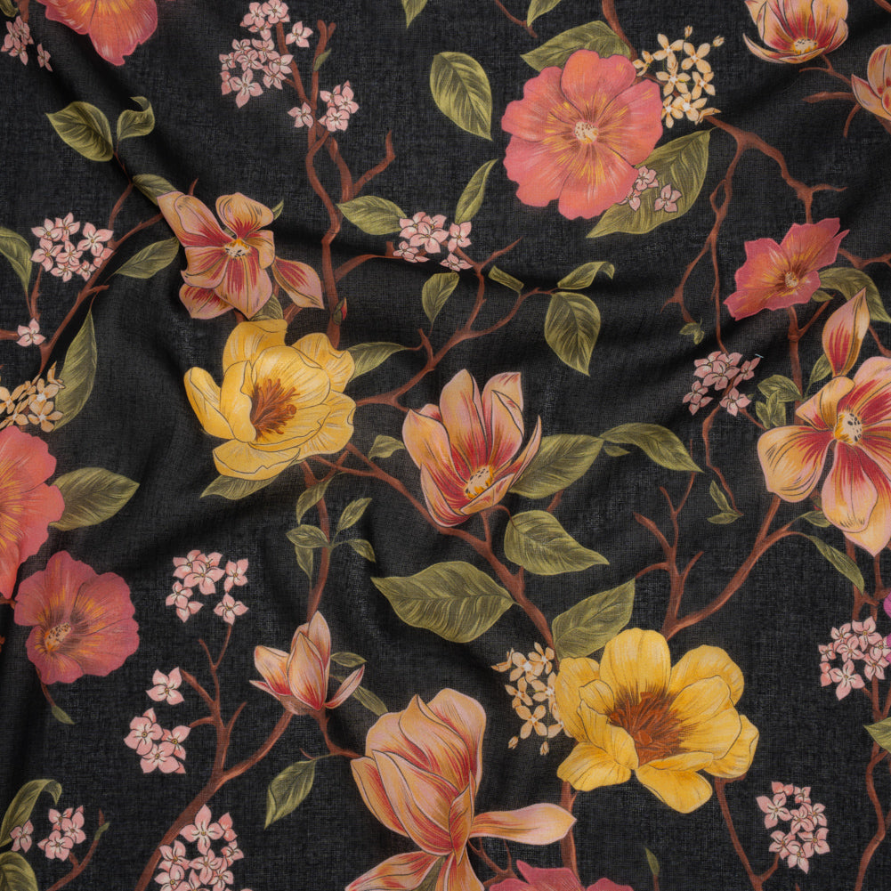 Cotton Voile - Pink, Fuchsia Purple and Black Flowering Branches - Mood Exclusive Eve’s Euphoria Print - Drape
