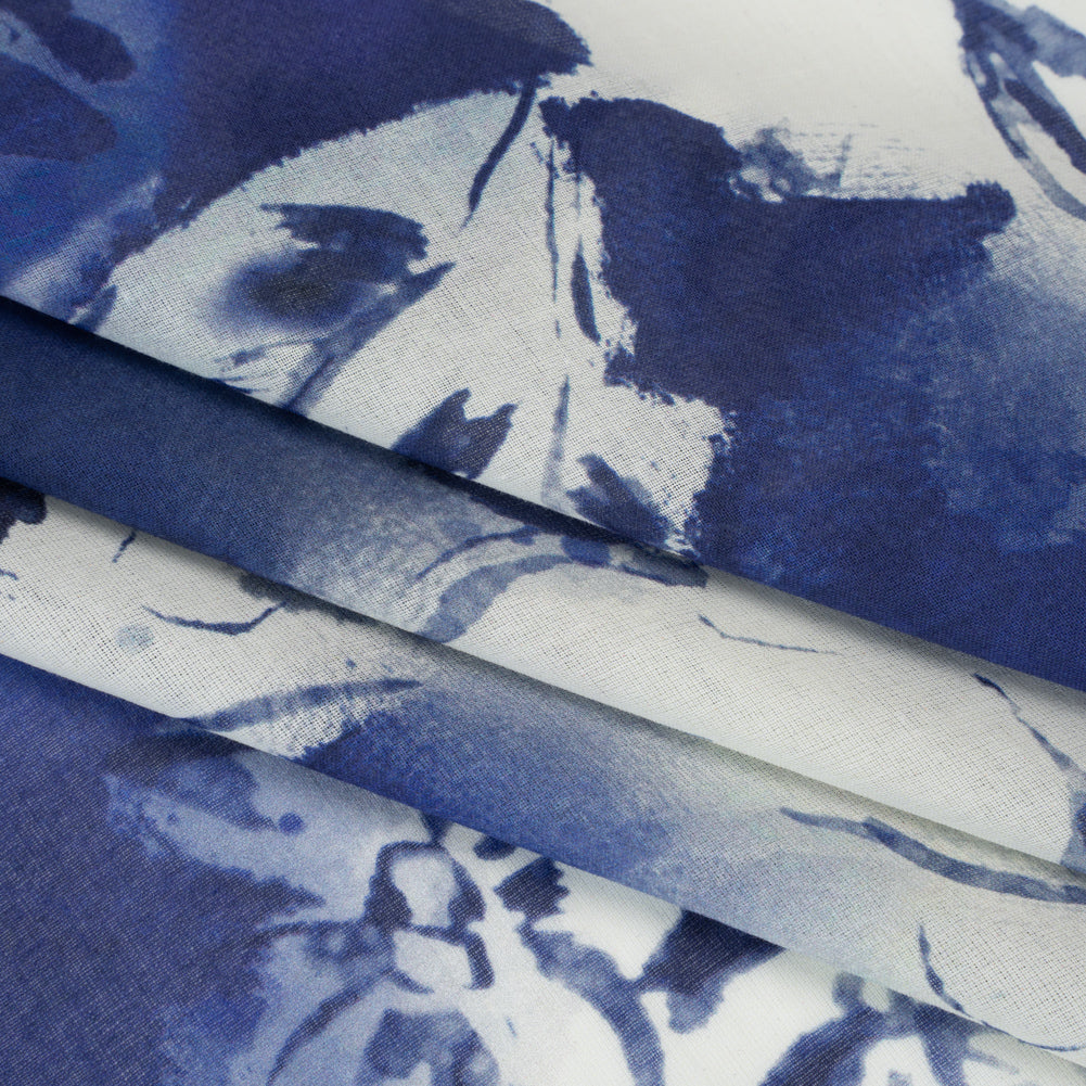 Cotton Voile - Dark Blue and White Watercolor Flowers - Mood Exclusive Inkblot Inspirations Print - Folded