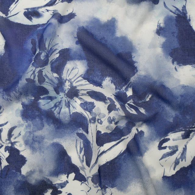 Cotton Voile - Dark Blue and White Watercolor Flowers - Mood Exclusive Inkblot Inspirations Print