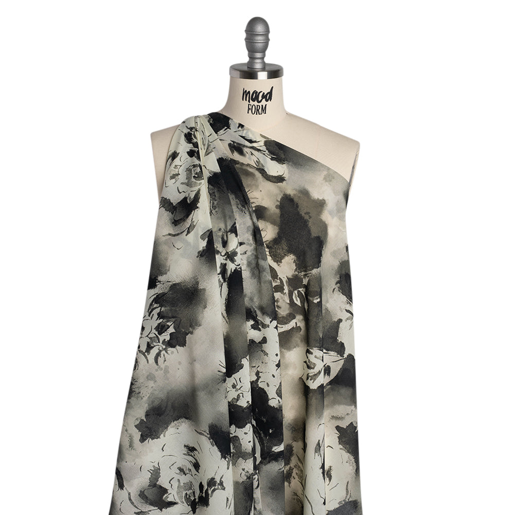 Cotton Voile - Black and White Watercolor Flowers - Mood Exclusive Inkblot Inspirations Print - Drape
