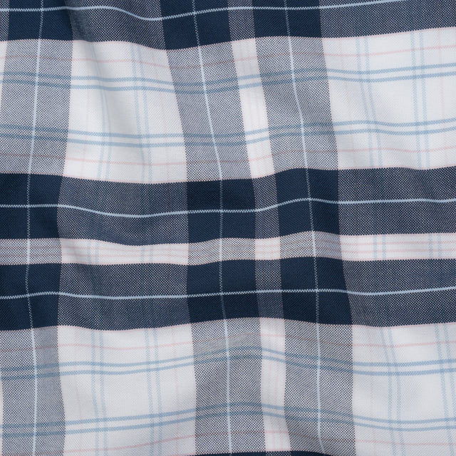 Cotton Oxford Shirting - Navy Blue, Baby Pink and White Plaid - Deadstock