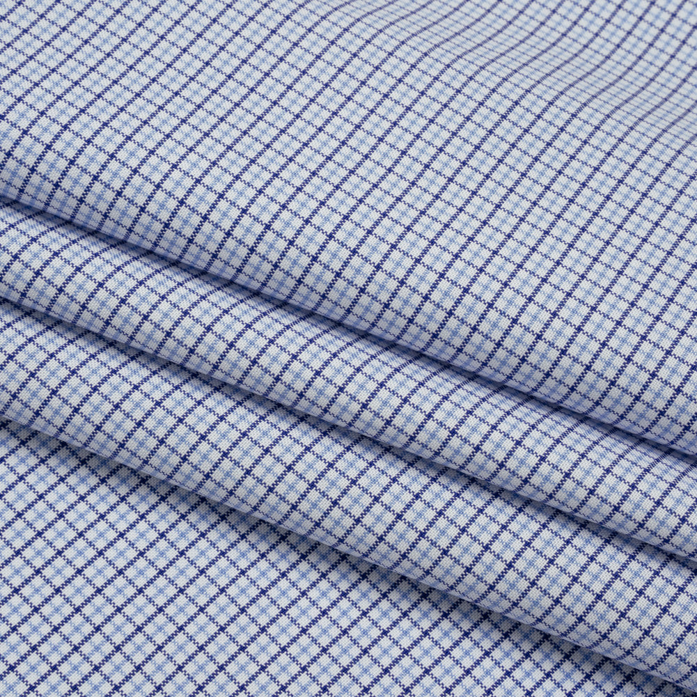Cotton Oxford Shirting - Navy, Sky Blue and White Tattersall Check - Deadstock - Folded