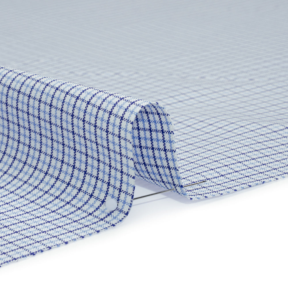 Cotton Oxford Shirting - Navy, Sky Blue and White Tattersall Check - Deadstock - Detail