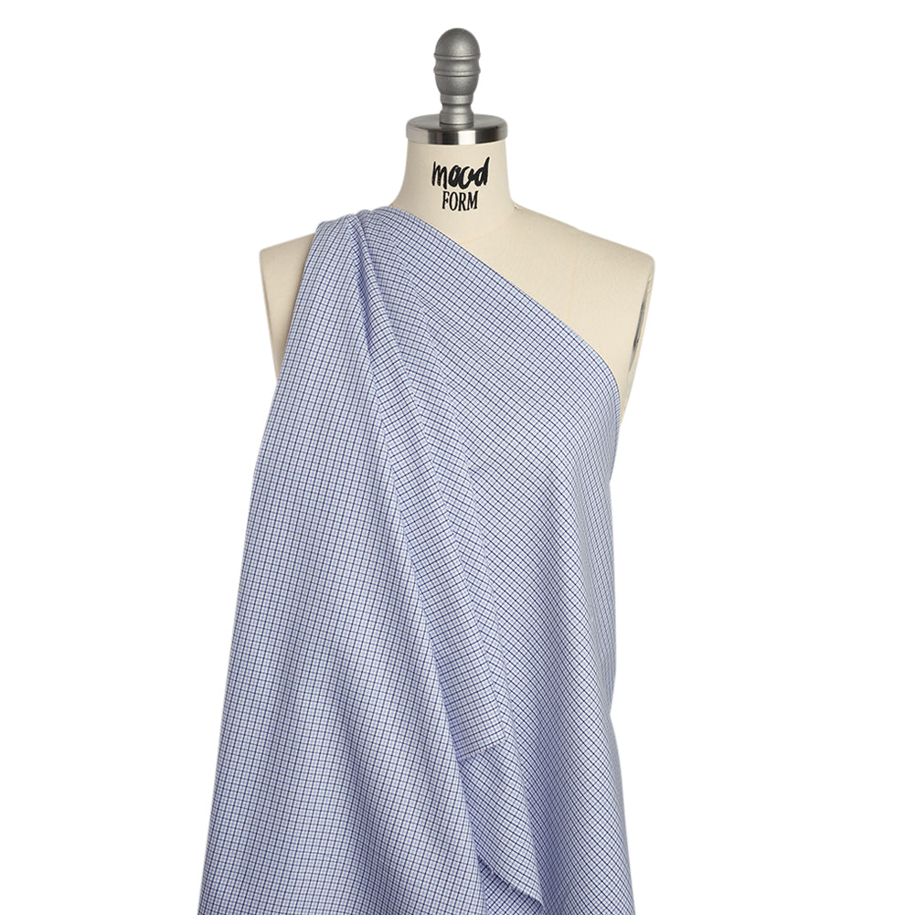 Cotton Oxford Shirting - Navy, Sky Blue and White Tattersall Check - Deadstock - Drape