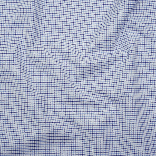 Cotton Oxford Shirting - Navy, Sky Blue and White Tattersall Check - Deadstock