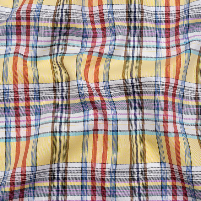 Cotton Twill Shirting - Butter Yellow, Brown and Blue Plaid - Deadstock
