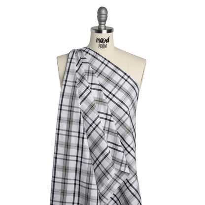 Cotton Oxford Shirting - Dark Navy, Gray and White Plaid - Deadstock