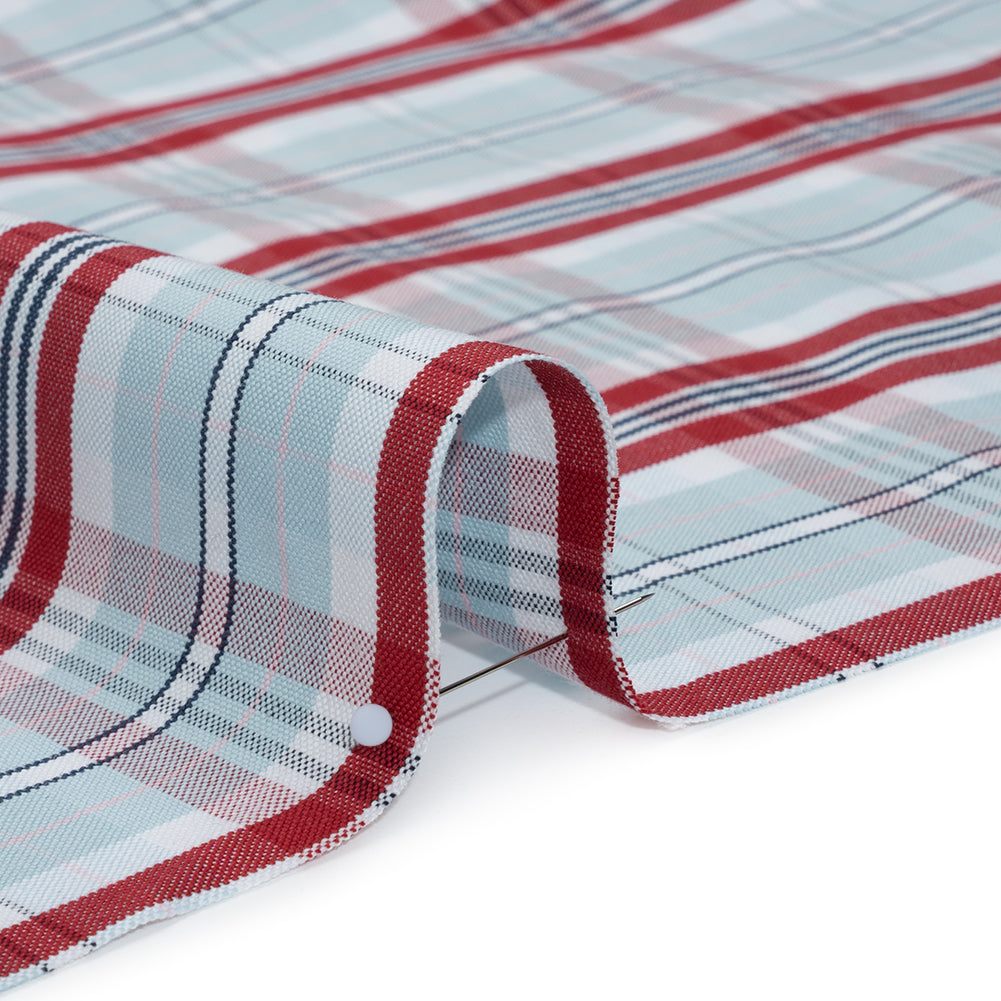 Cotton Oxford Shirting - Sky Blue, Red and White Plaid - Deadstock - Detail