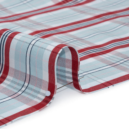 Cotton Oxford Shirting - Sky Blue, Red and White Plaid - Deadstock
