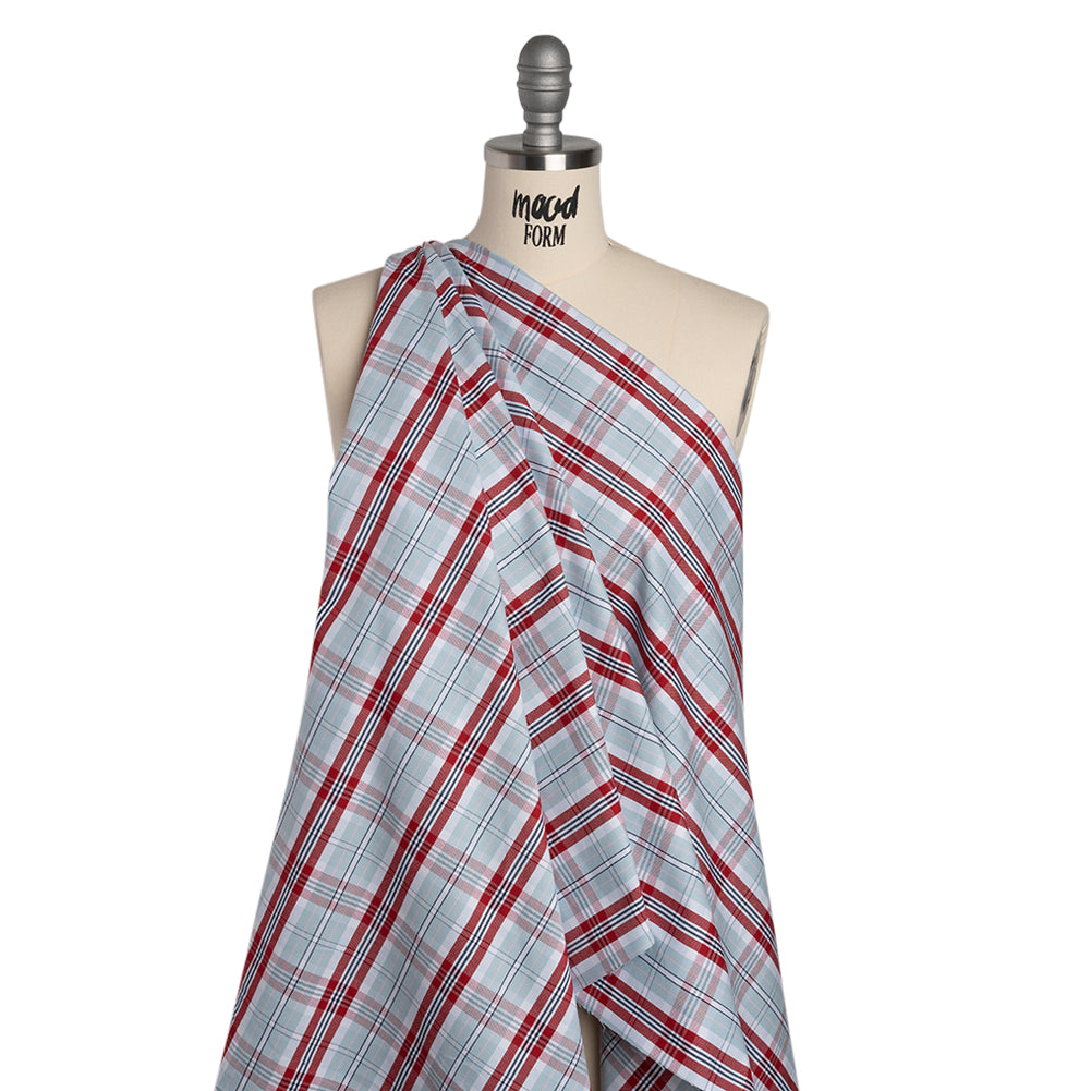 Cotton Oxford Shirting - Sky Blue, Red and White Plaid - Deadstock - Drape