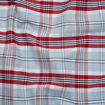 Cotton Oxford Shirting - Sky Blue, Red and White Plaid - Deadstock