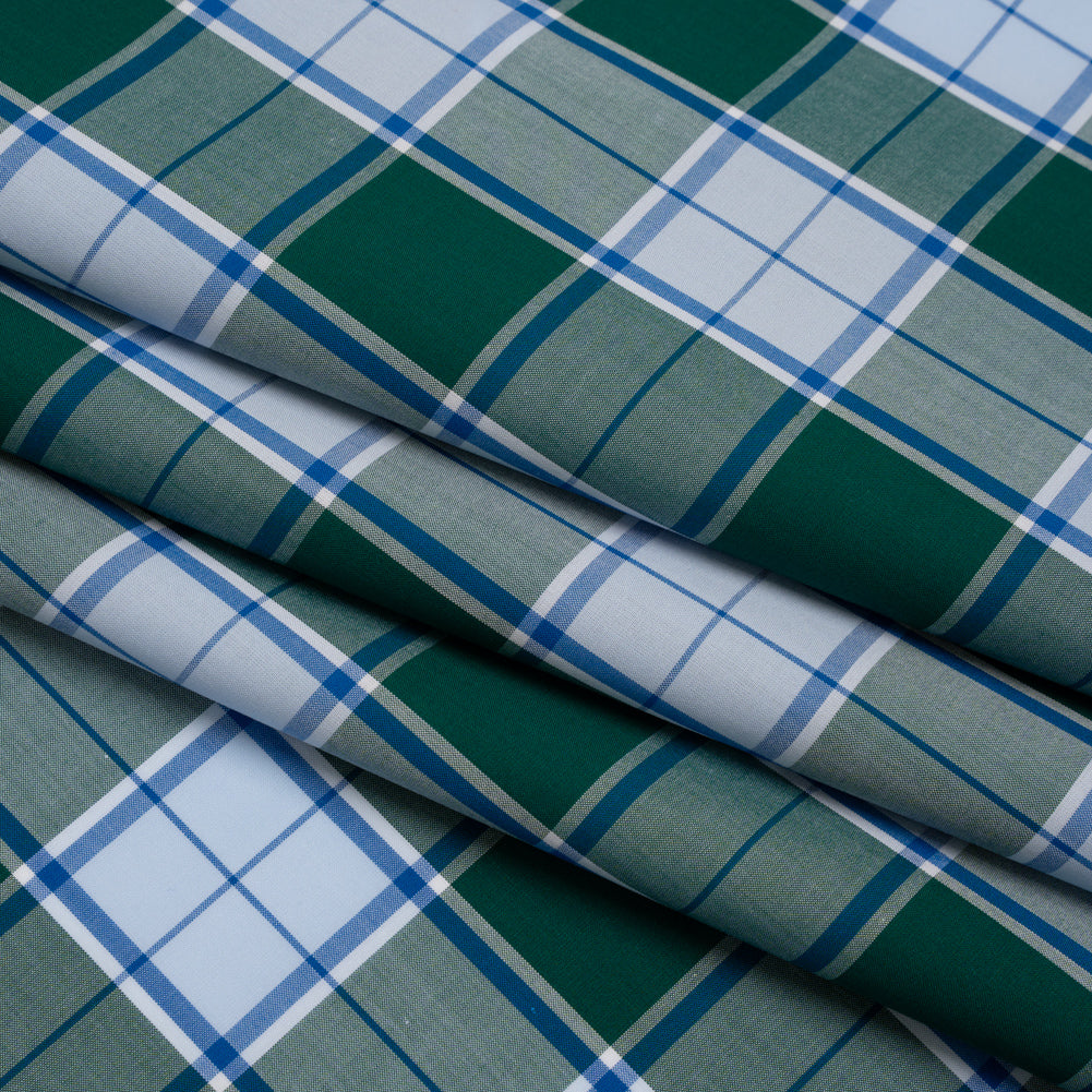 Cotton Shirting - Forest Green and Sky Blue Plaid - Designer Deadstock - Folded