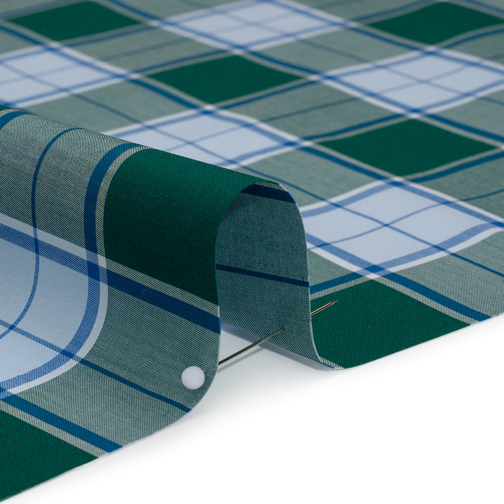 Cotton Shirting - Forest Green and Sky Blue Plaid - Designer Deadstock - Detail