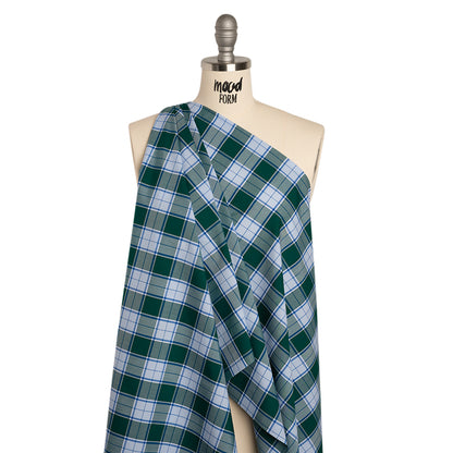 Cotton Shirting - Forest Green and Sky Blue Plaid - Designer Deadstock