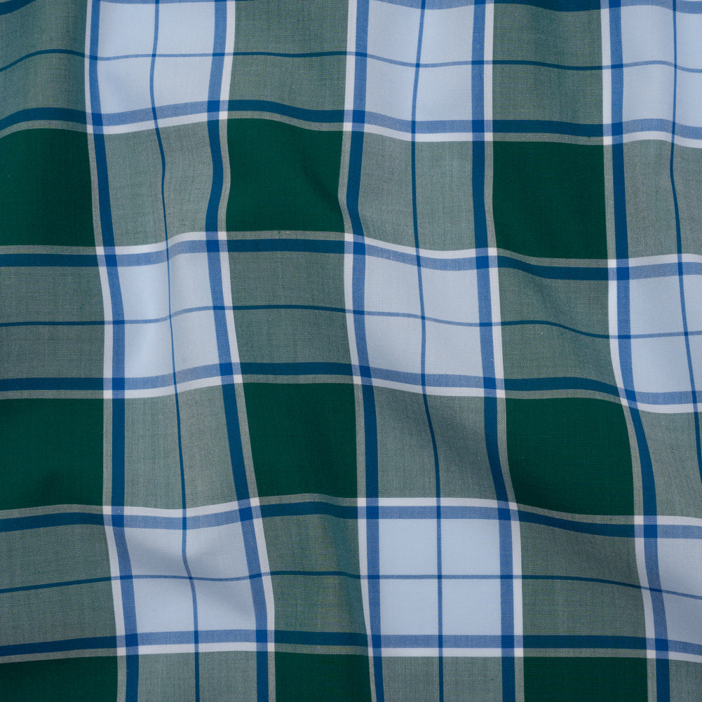 Cotton Shirting - Forest Green and Sky Blue Plaid - Designer Deadstock