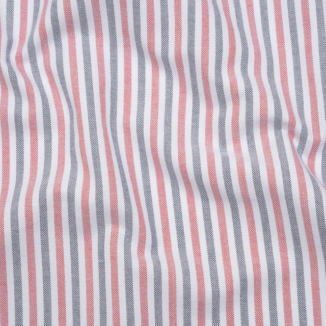 Cotton Oxford Shirting - Navy Blue, Red and White Candy Stripes - Deadstock