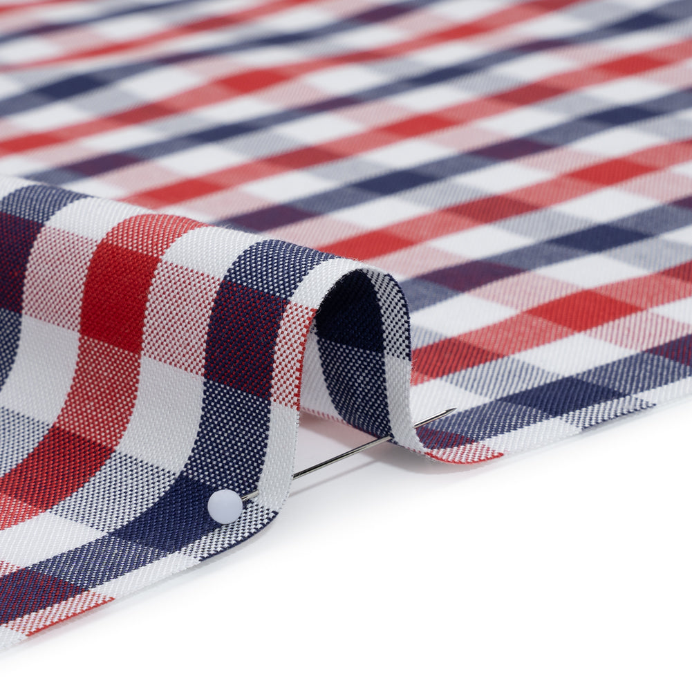 Cotton Oxford Shirting - Red, White and Blue Tattersall Checks - Deadstock - Detail