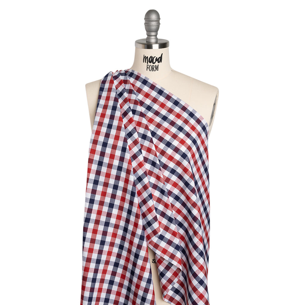Cotton Oxford Shirting - Red, White and Blue Tattersall Checks - Deadstock - Drape