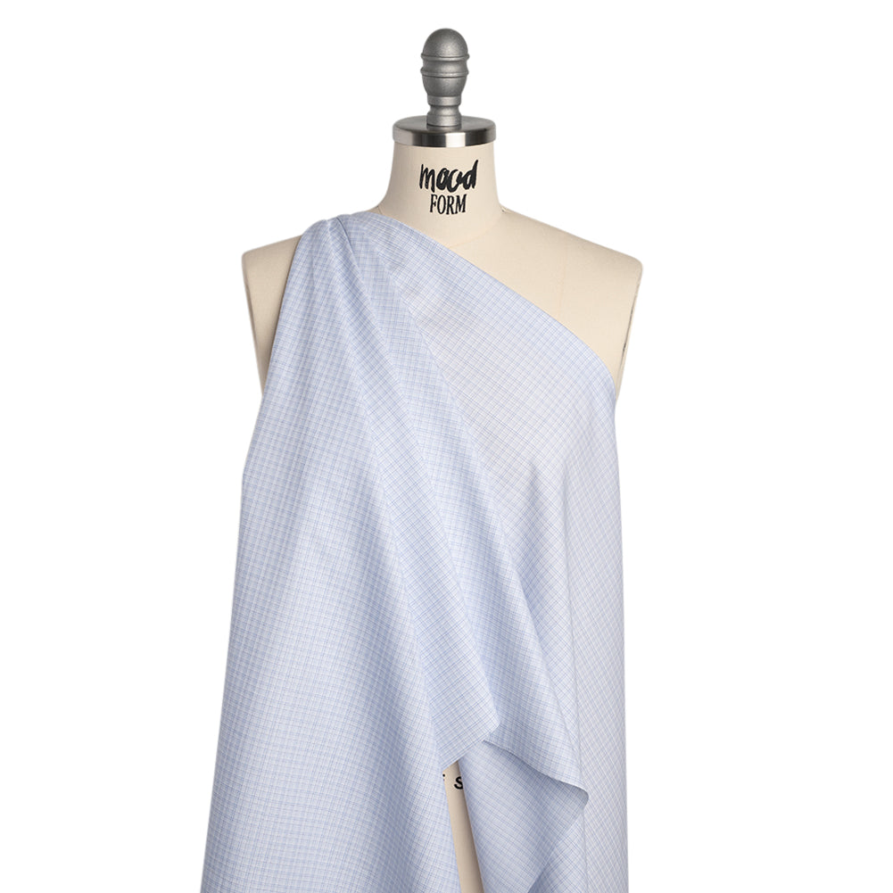 Cotton Shirting - Navy, Light Blue and White Fine Line Plaid - Deadstock - Drape