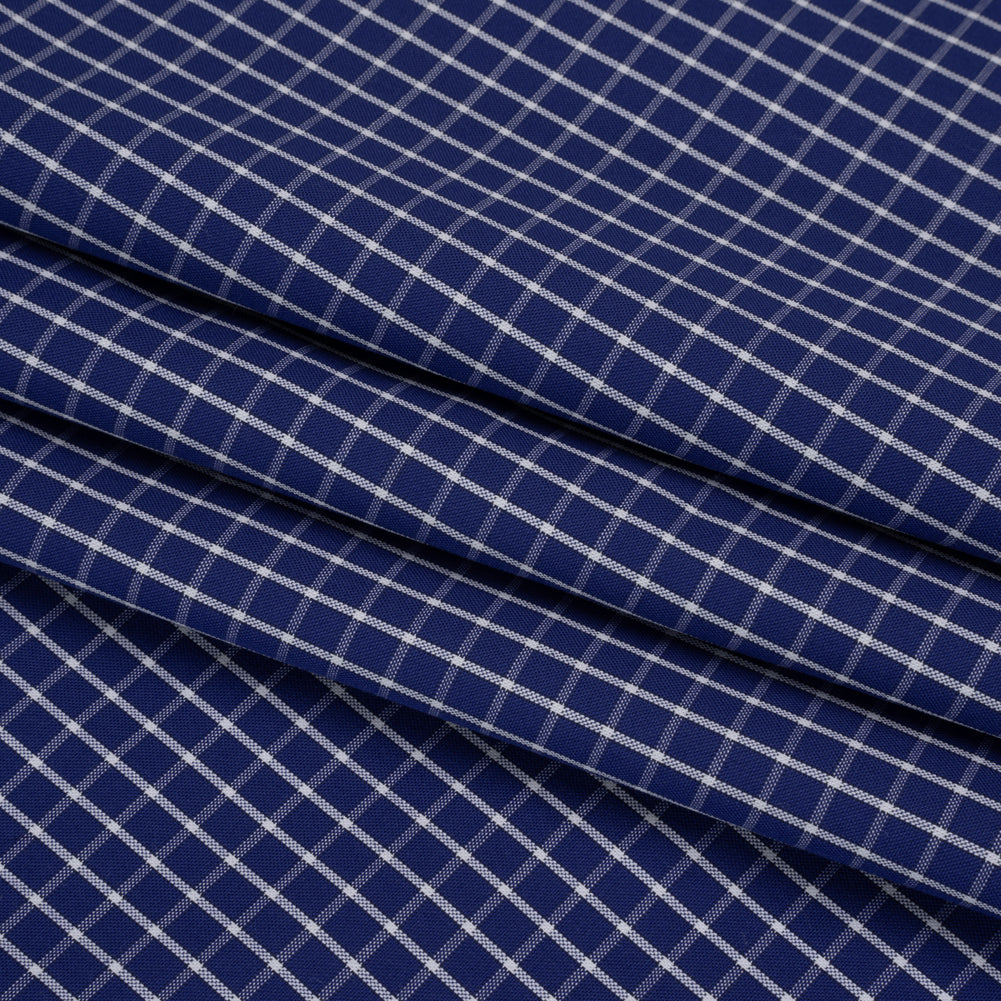Cotton Shirting - Cobalt Blue and White Little Windowpane Checks - Deadstock - Folded