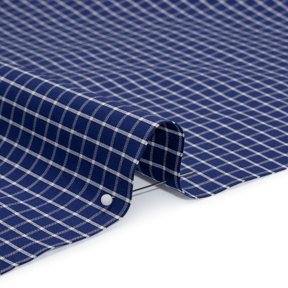 Cotton Shirting - Cobalt Blue and White Little Windowpane Checks - Deadstock - Detail