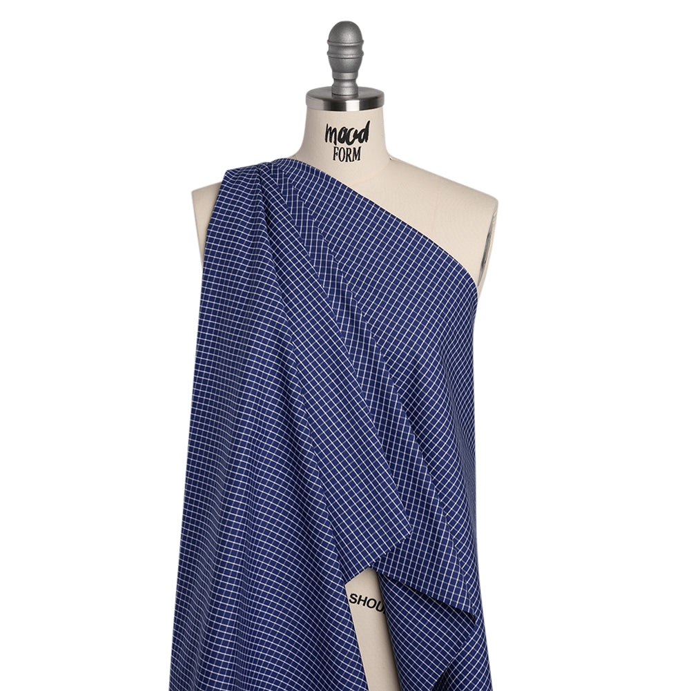 Cotton Shirting - Cobalt Blue and White Little Windowpane Checks - Deadstock - Drape
