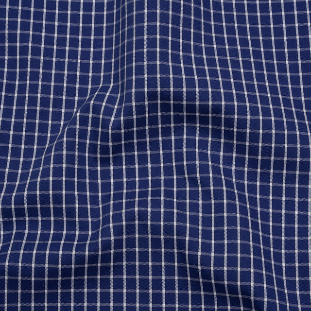 Cotton Shirting - Cobalt Blue and White Little Windowpane Checks - Deadstock