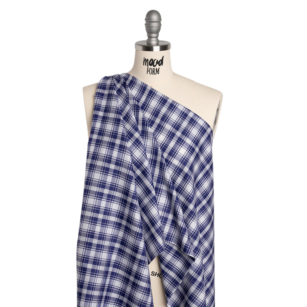 Cotton Twill Shirting - Cobalt Blue and White Plaid - Deadstock - Drape