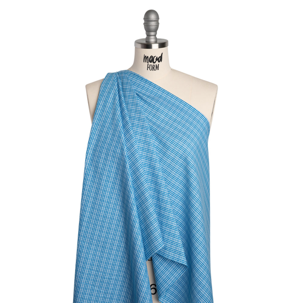 Cotton Oxford Shirting - Bright Blue and White Plaid - Designer Deadstock - Drape