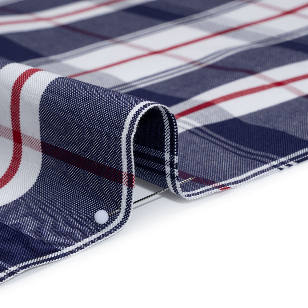 Cotton Oxford Shirting - Dark Blue, Cranberry Red and White Plaid - Deadstock - Detail