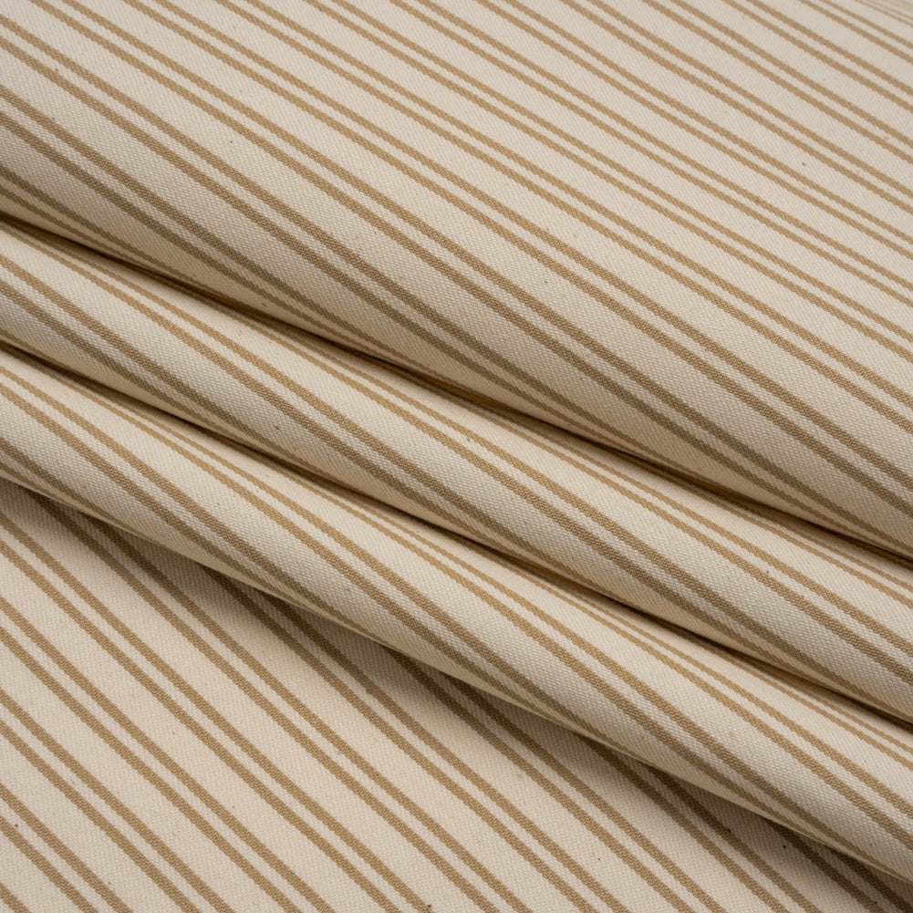 Cotton Twill - Natural Beige Speckles and Taupe Paired Stripes - Deadstock - Folded
