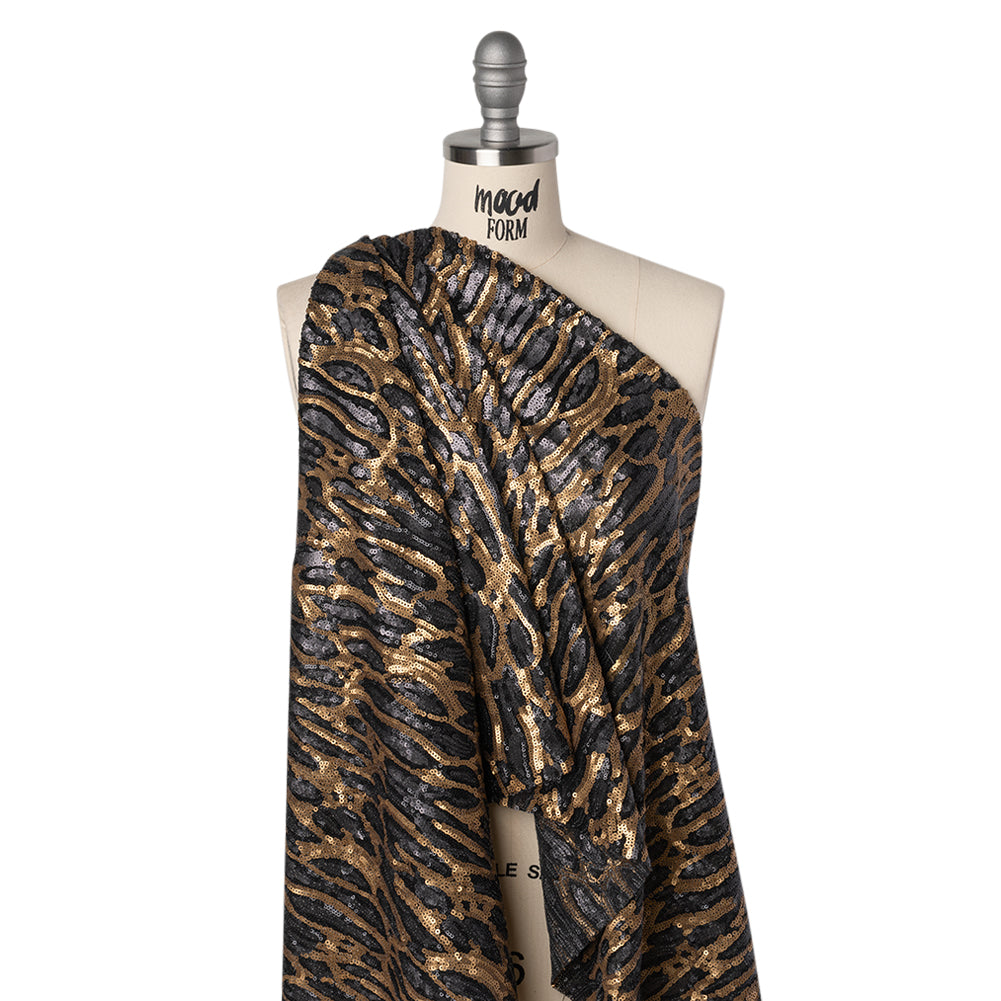 Sequins on Black Mesh - Gold and Black Abstract - Deadstock - Drape