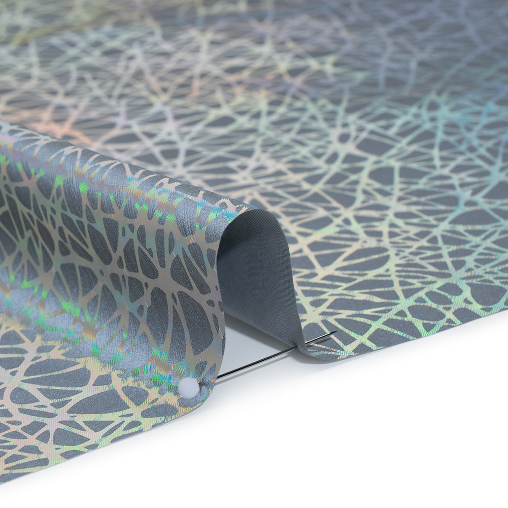 Foiled Reflective Fabric - Silver Gray with Rainbow Web - Detail