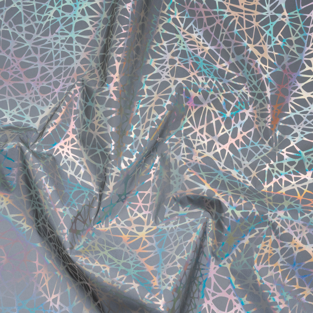 Foiled Reflective Fabric - Silver Gray with Rainbow Web