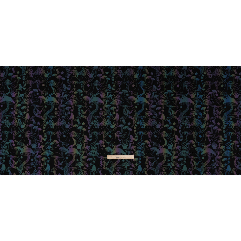 Reflective Print Spandex Knit with 4-Way Stretch - Rainbow and Black Mushrooms Full