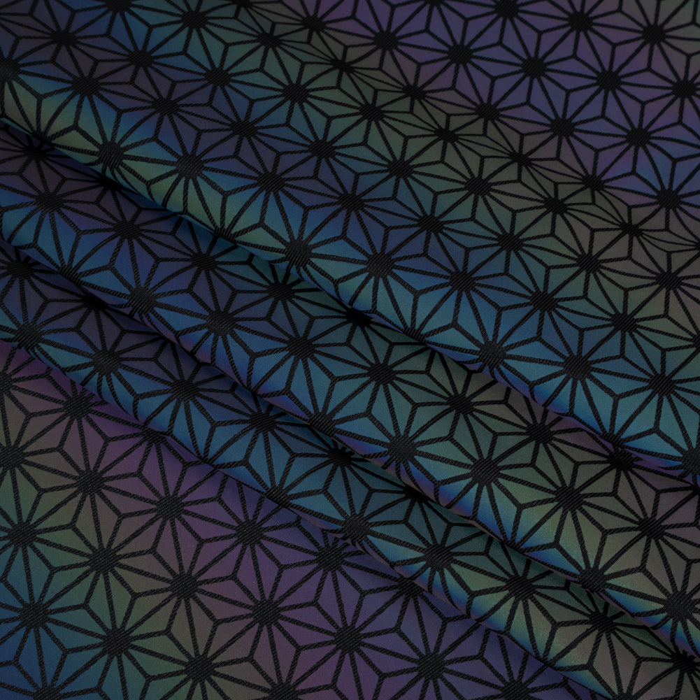 Reflective Print Spandex Knit with 4-Way Stretch - Rainbow and Black Diamond Geometric - Folded