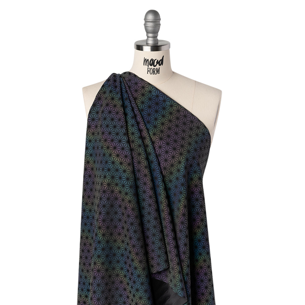 Reflective Print Spandex Knit with 4-Way Stretch - Rainbow and Black Diamond Geometric - Drape