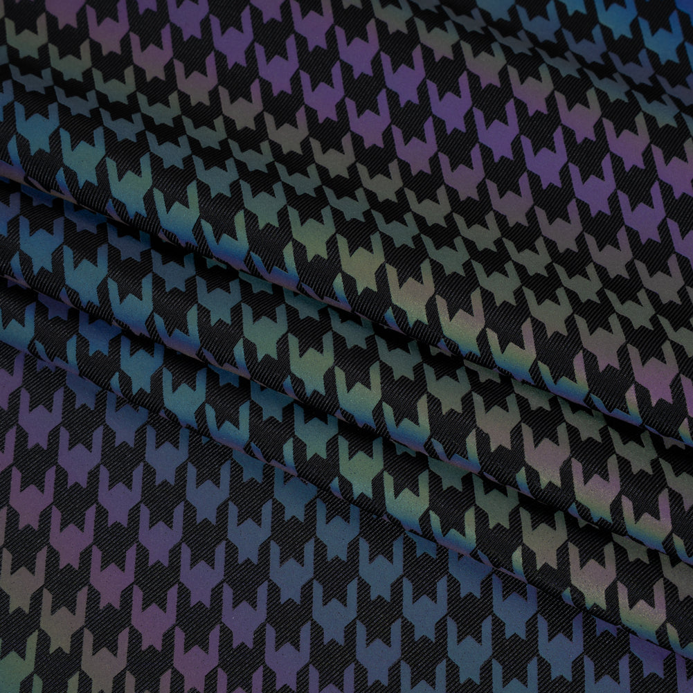 Reflective Print Spandex Knit with 4-Way Stretch - Rainbow and Black Houndstooth - Folded