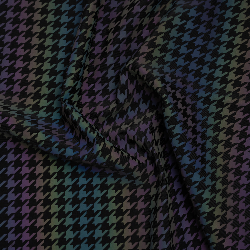 Reflective Print Spandex Knit with 4-Way Stretch - Rainbow and Black Houndstooth