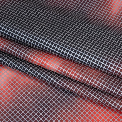 Reflective Print Fabric - Red and Black Abstract with Silver Gray Grid