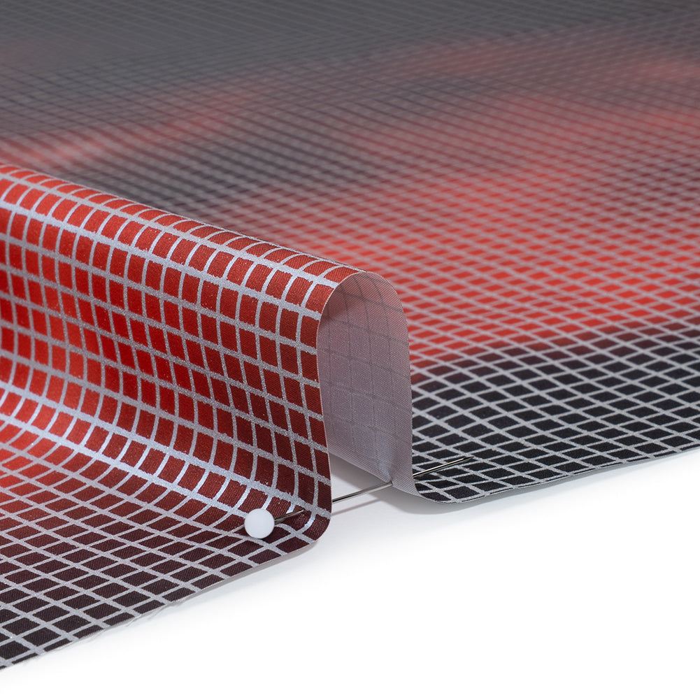 Reflective Print Fabric - Red and Black Abstract with Silver Gray Grid - Detail