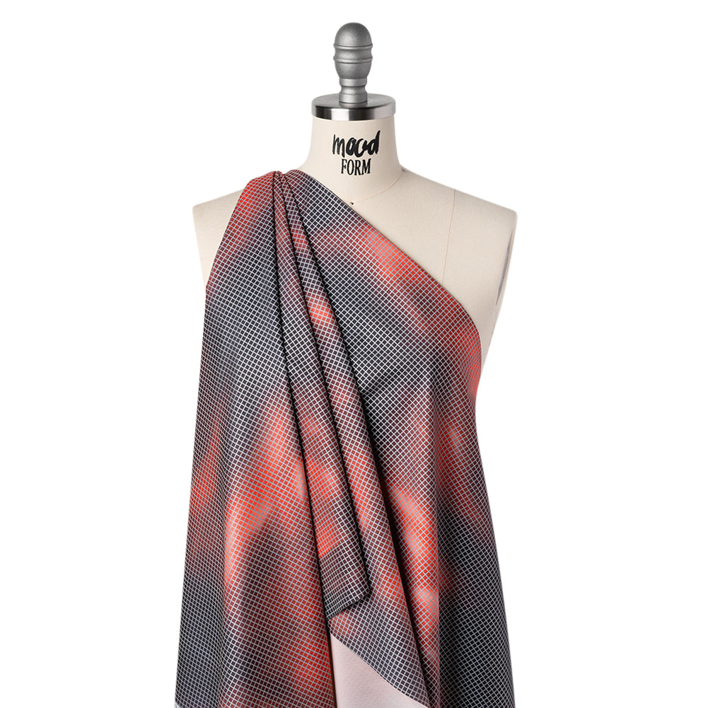 Reflective Print Fabric - Red and Black Abstract with Silver Gray Grid - Drape