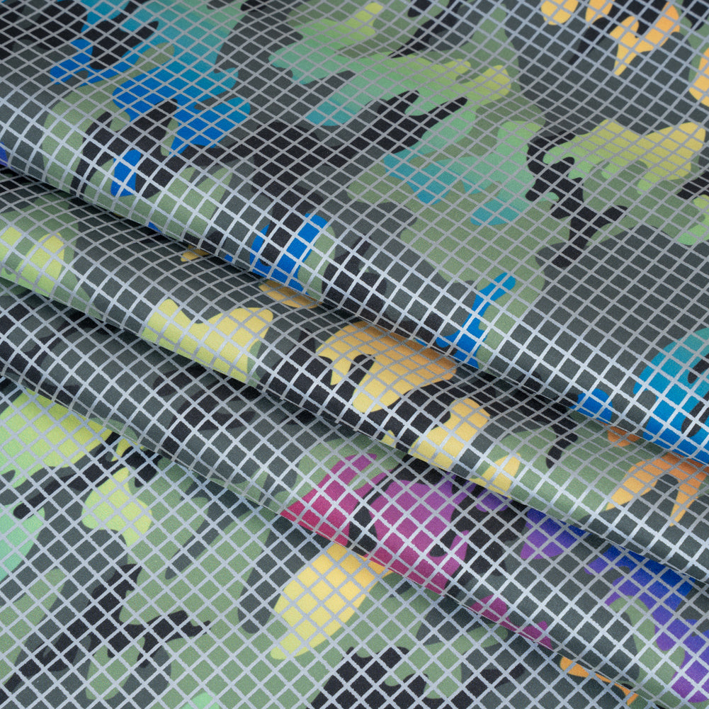 Reflective Print Fabric - Olive Green and Rainbow Camouflage with Silver Gray Grid - Folded