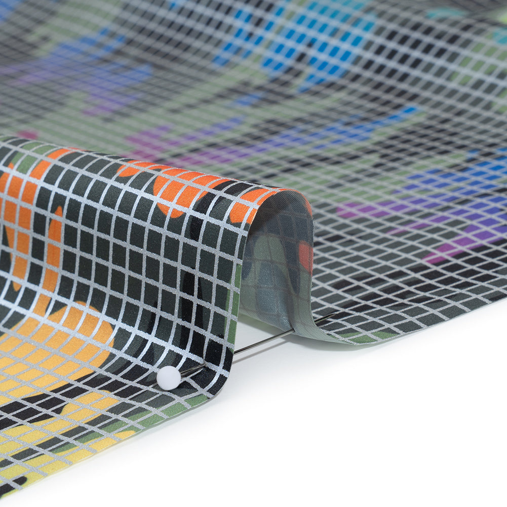 Reflective Print Fabric - Olive Green and Rainbow Camouflage with Silver Gray Grid - Detail