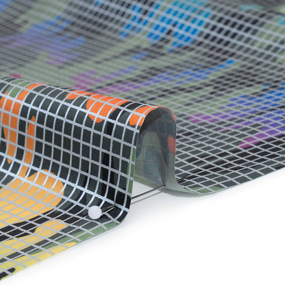 Reflective Print Fabric - Olive Green and Rainbow Camouflage with Silver Gray Grid
