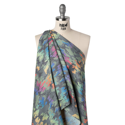 Reflective Print Fabric - Olive Green and Rainbow Camouflage with Silver Gray Grid